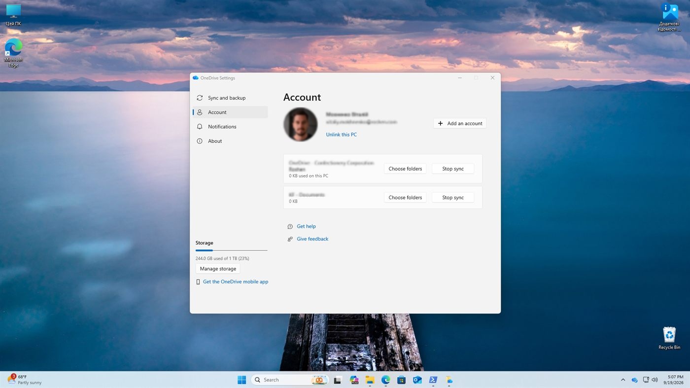 Налаштування OneDrive, вкладка Account: підключена бібліотека KF - Documents