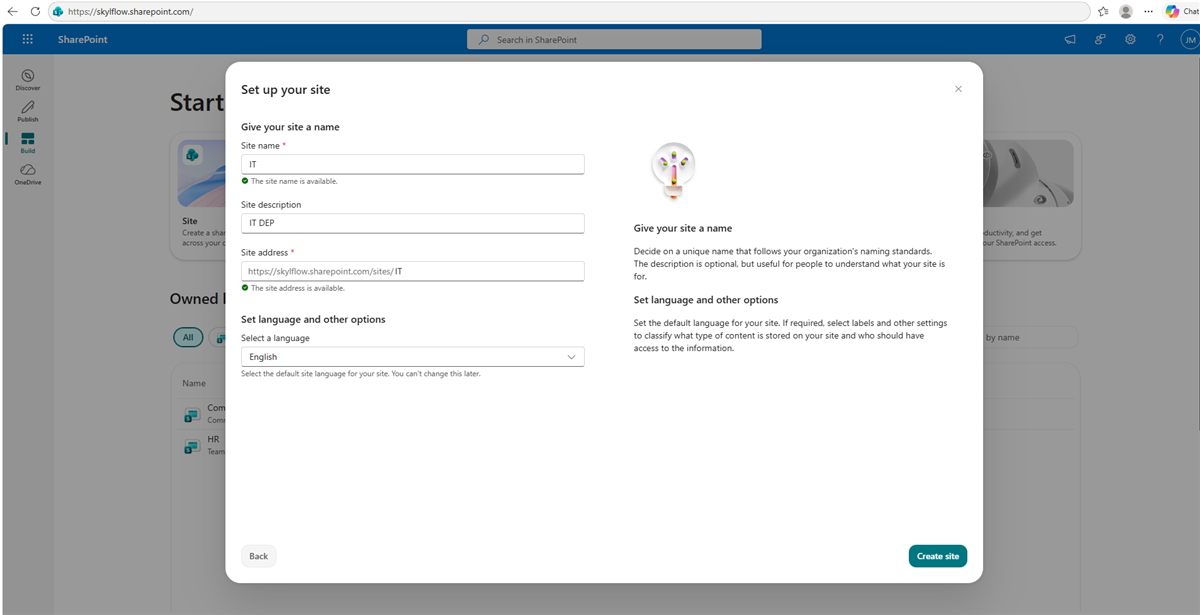 SharePoint site creation form: site name, description and the site address after /sites/