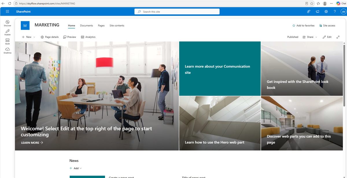 A finished SharePoint site with Home, Documents, Pages and Site contents sections