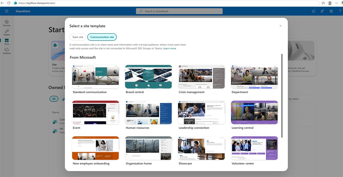 SharePoint site template picker: the Team site / Communication site switch and the gallery of ready-made design templates